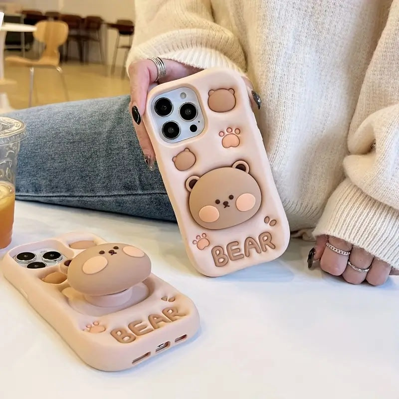Teddy Bear 3D Cartoon Cute Cotton Bear Love Graphic Animal Back Case with Holder