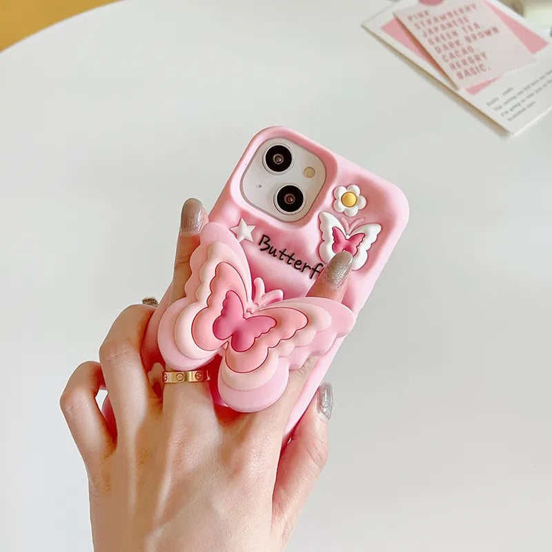 3D Cartoon Butterfly Flower Pop Stand Phone Case with Holder