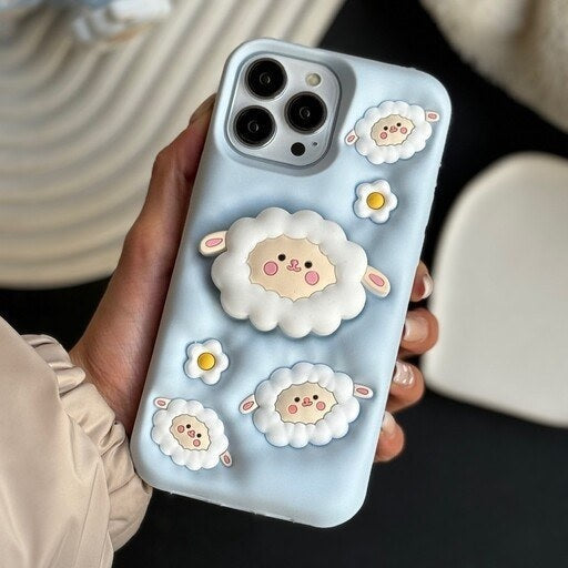 3D Cartoon Sheep Flock Case Funda Cotton Candy Cloud Pop Back Case with Holder - 1