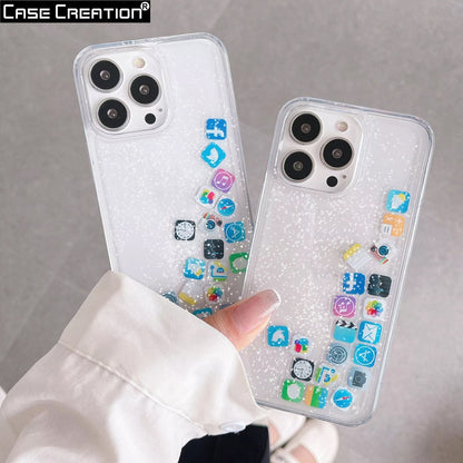 Liquid Glitter Bling Quicksand with iOS Acrylic Icon Sparkle Floating App Case
