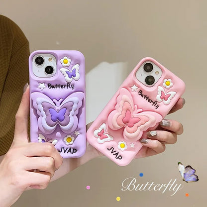 3D Cartoon Butterfly Flower Pop Stand Phone Case with Holder