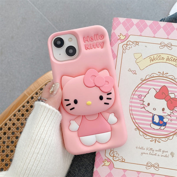 3D Cartoon Hello Kitty Bow Cat Girly Kitty Doll Animal Back Case with Holder - 1