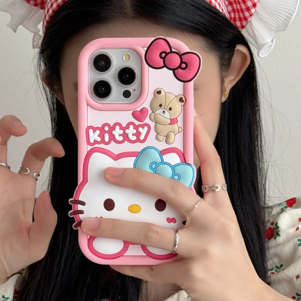 3D Cartoon Hello Kitty Bow Cat Doll Teddy Bear Case - 8