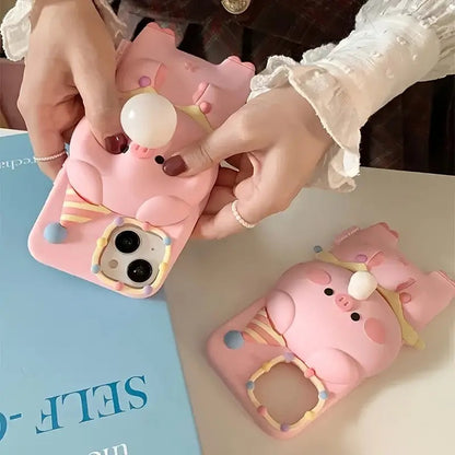 3D Pig Blowing Bubble Gum Squishy Toy Piglet Pink Cartoon Play Case