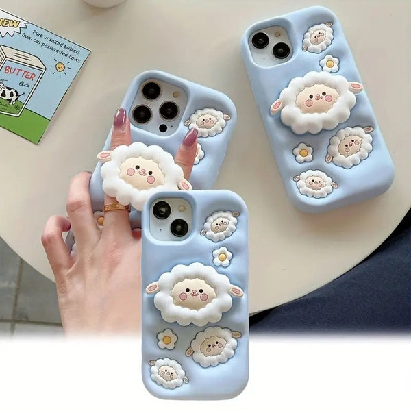 3D Cartoon Sheep Flock Case Funda Cotton Candy Cloud Pop Back Case with Holder - 2