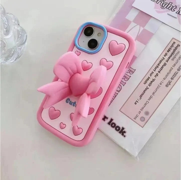 3D Cute Heart Butterfly Case Coquette Bowknot Folding Desktop Kick stand Case