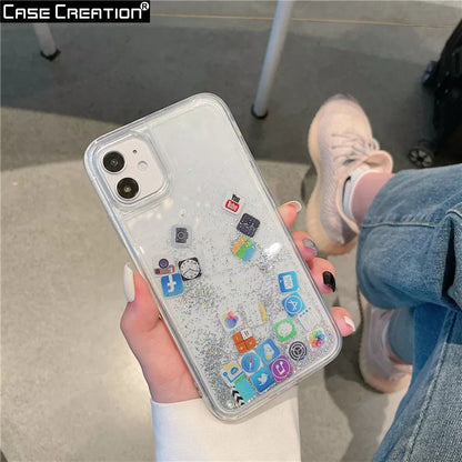 Liquid Glitter Bling Quicksand with iOS Acrylic Icon Sparkle Floating App Case