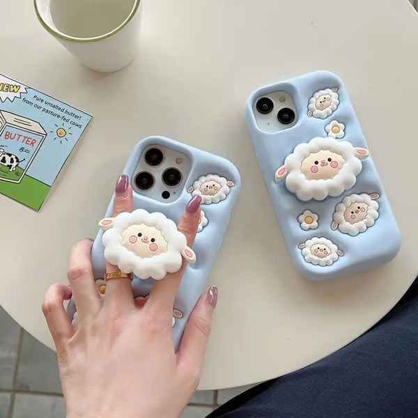 3D Cartoon Sheep Flock Case Funda Cotton Candy Cloud Pop Back Case with Holder - 4