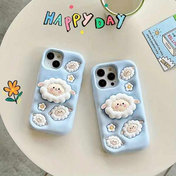3D Cartoon Sheep Flock Case Funda Cotton Candy Cloud Pop Back Case with Holder - 3
