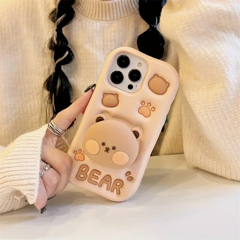 Teddy Bear 3D Cartoon Cute Cotton Bear Love Graphic Animal Back Case with Holder