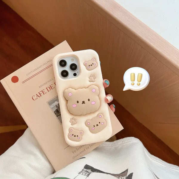 Teddy Bear 3D Cartoon Cute Cotton Candy Back Case with Holder - 3