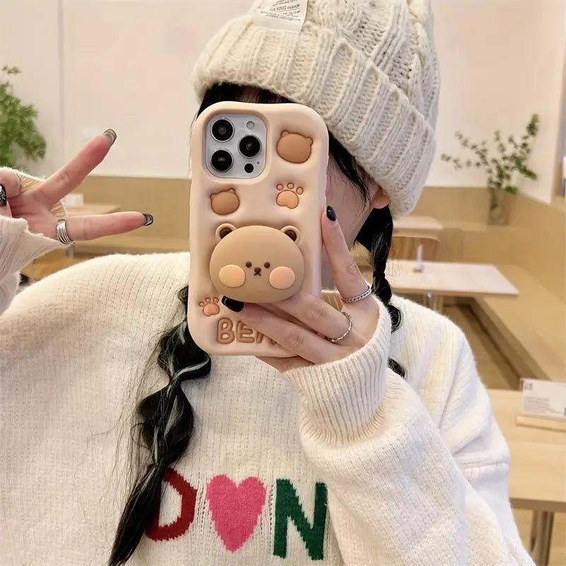 Teddy Bear 3D Cartoon Cute Cotton Bear Love Graphic Animal Back Case with Holder