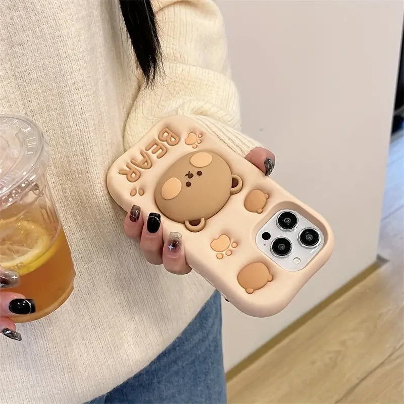 Teddy Bear 3D Cartoon Cute Cotton Bear Love Graphic Animal Back Case with Holder