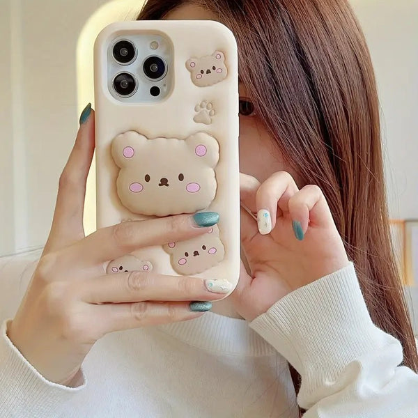 Teddy Bear 3D Cartoon Cute Cotton Candy Back Case with Holder - 9
