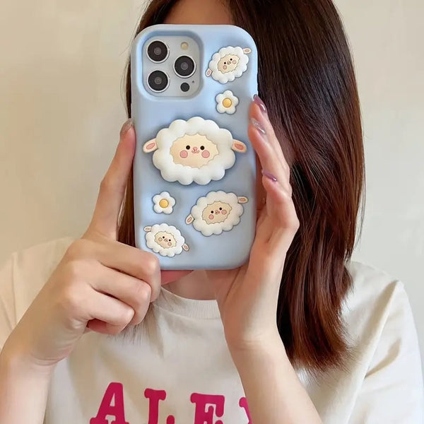 3D Cartoon Sheep Flock Case Funda Cotton Candy Cloud Pop Back Case with Holder - 8