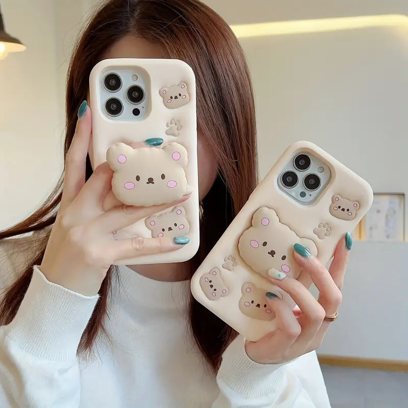 Teddy Bear 3D Cartoon Cute Cotton Candy Back Case with Holder