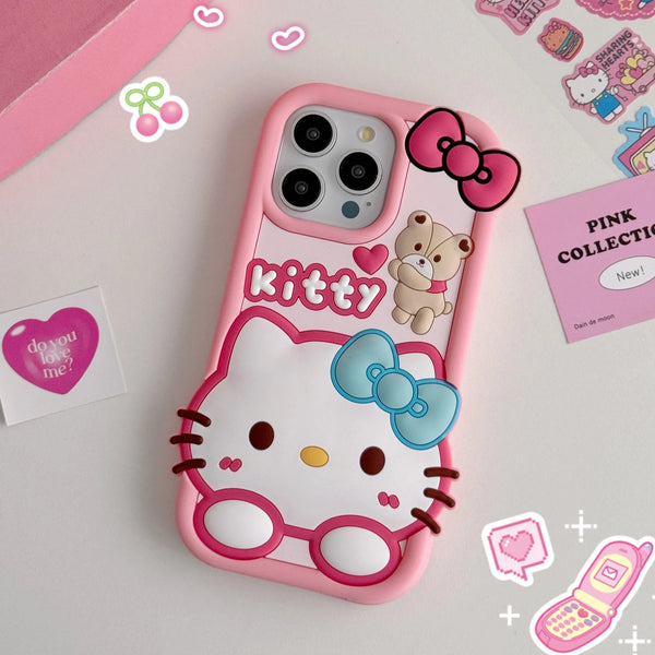 3D Cartoon Hello Kitty Bow Cat Doll Teddy Bear Case - 1