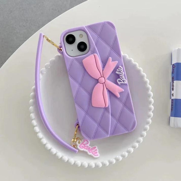 3D Barbie Bow Handbag Purse Case With Strap Wallet Phone Chain Cover - 3