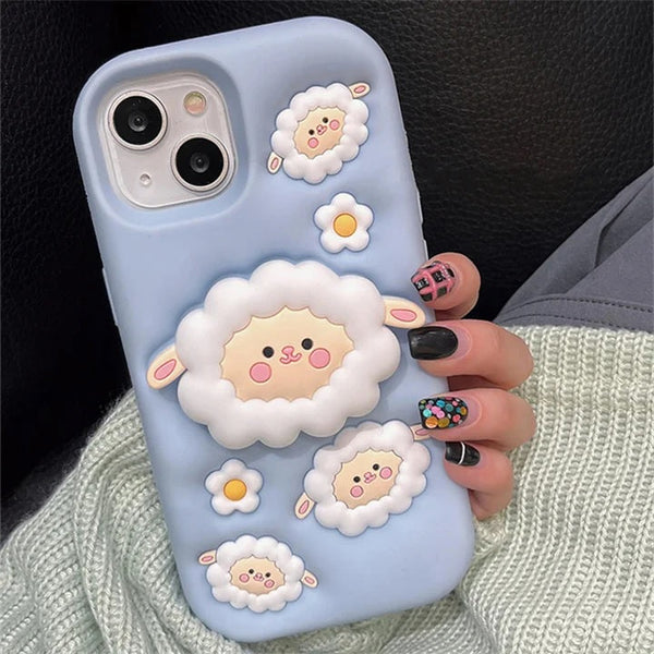 3D Cartoon Sheep Flock Case Funda Cotton Candy Cloud Pop Back Case with Holder - 7