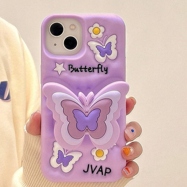 3D Cartoon Butterfly Flower Lavender Phone Case with Holder - 3